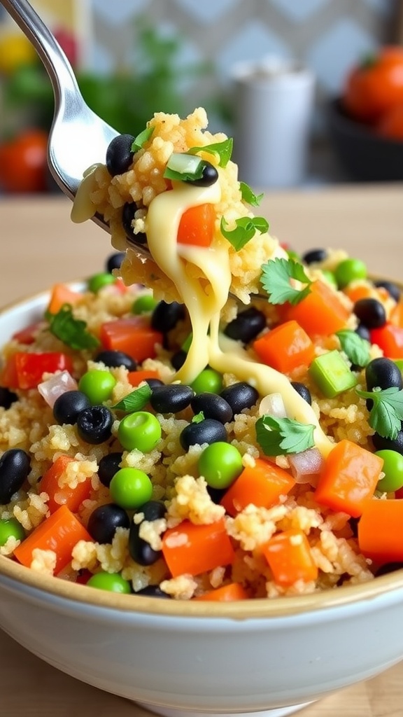 A colorful bowl of quinoa with vegetables and black beans, garnished with cheese and herbs.